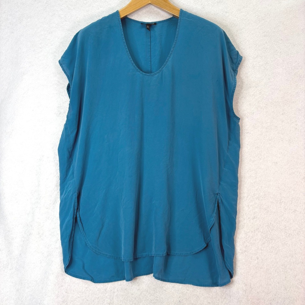 Eileen Fisher Silk Scoop Neck Tunic Teal Women XL Lagenlook Minimalist Capsule